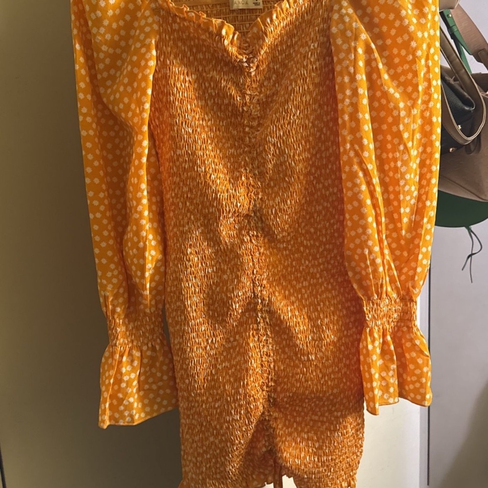 Orange Polka Dot Long Sleeve Dress ,romper short dress white and yellow dress